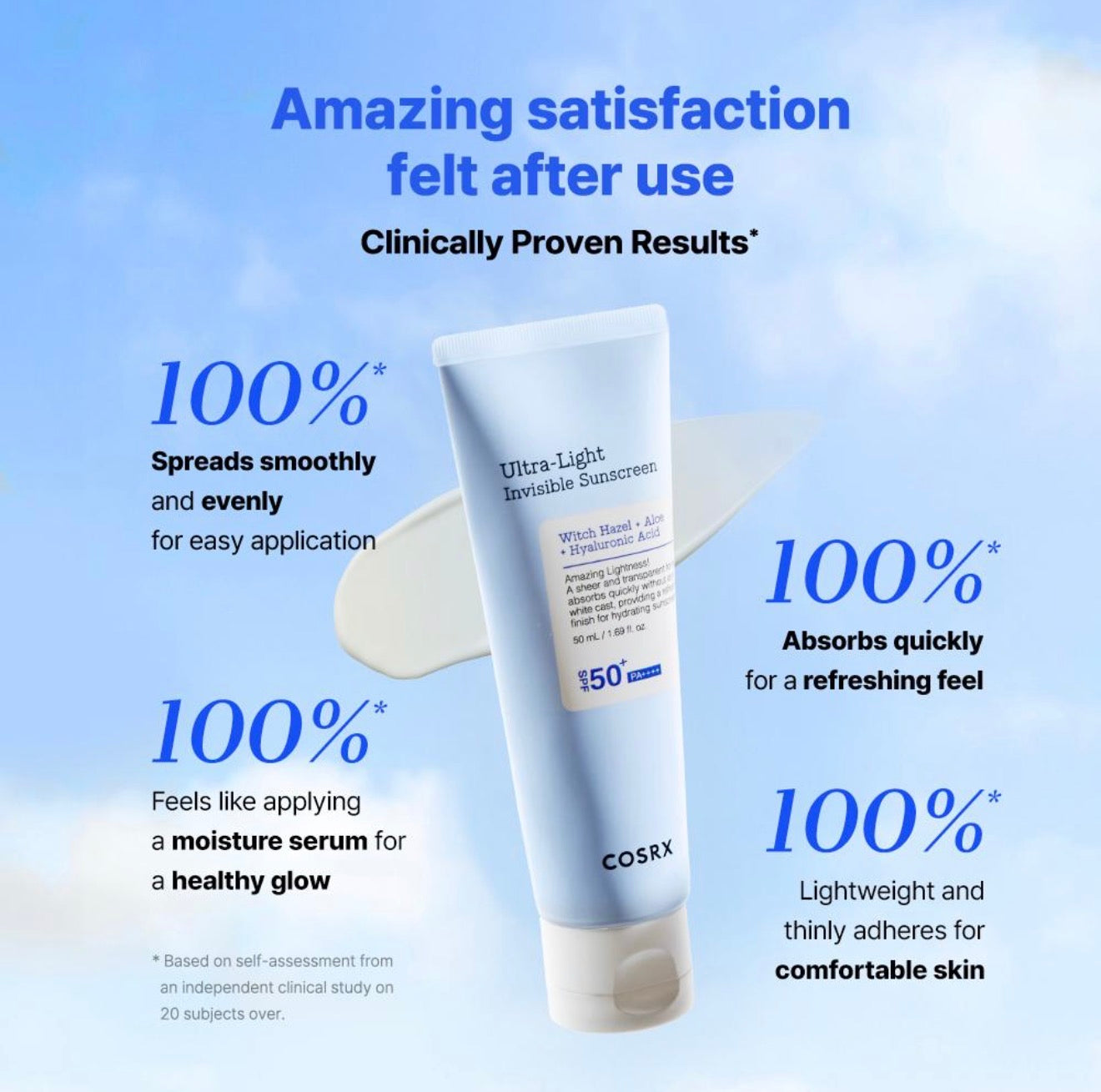 COSRX Korean Sunscreen SPF50+ Ultra Light Invisible Moisturizing, No White Cast, For All Skin Types