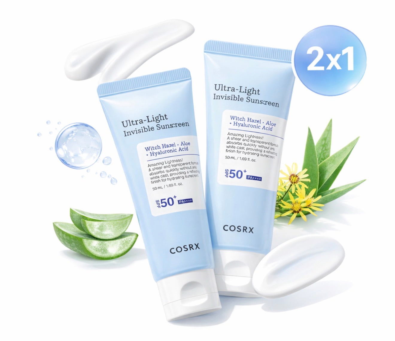 COSRX Korean Sunscreen SPF50+ Ultra Light Invisible Moisturizing, No White Cast, For All Skin Types