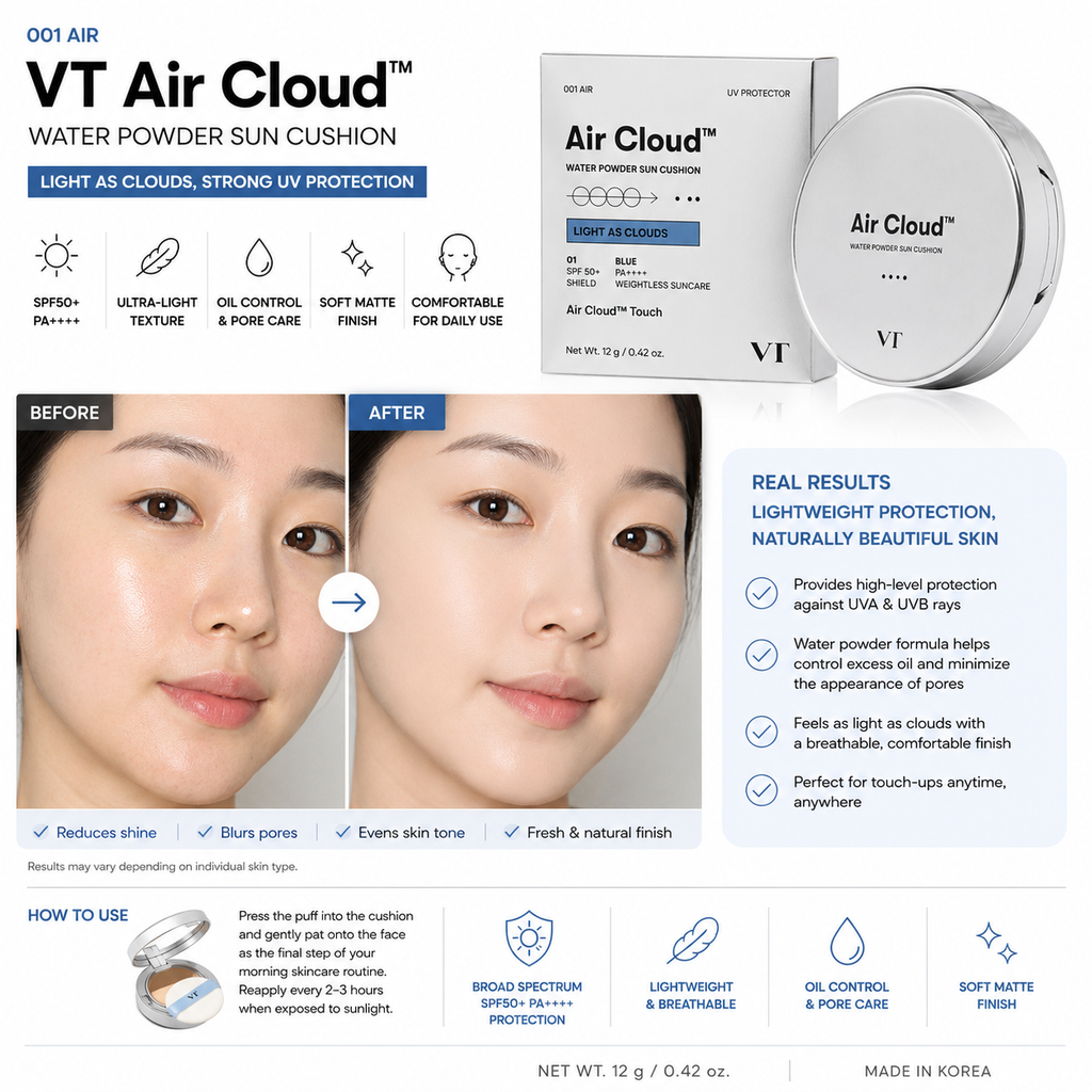 VT Air Cloud Water Powder Sun Cushion SPF50+ PA++++ 001 Air – 12g