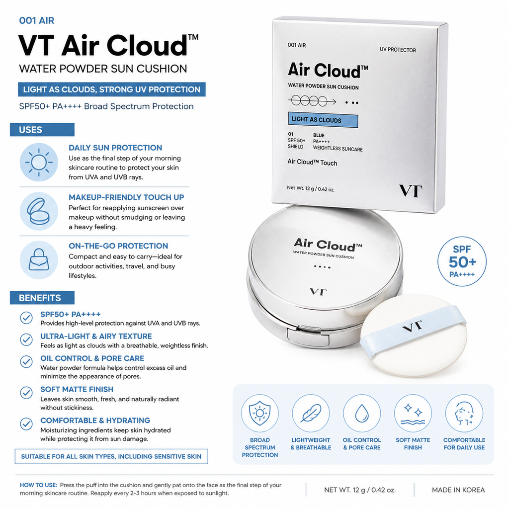VT Air Cloud Water Powder Sun Cushion SPF50+ PA++++ 001 Air – 12g