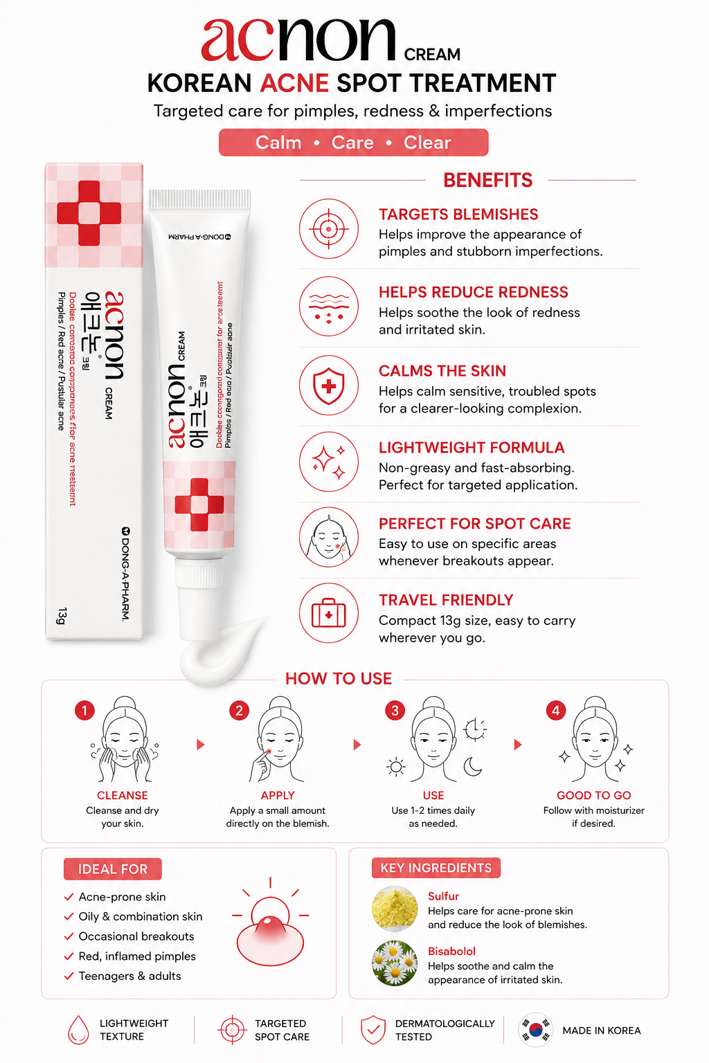 Acnon Cream Korean Acne Spot Treatment 13g | Targeted Blemish Care