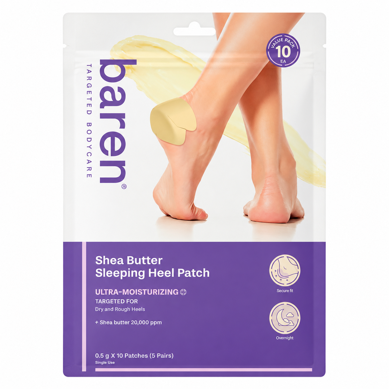 Baren Shea Butter Sleeping Heel Patch | Overnight Moisturizing Heel Treatment | 10 Patches / 6 Patches