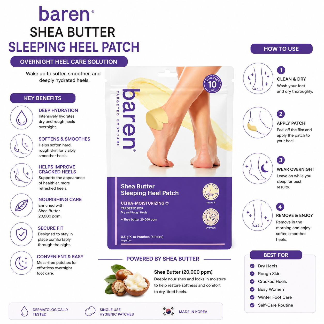 Baren Shea Butter Sleeping Heel Patch | Overnight Moisturizing Heel Treatment | 10 Patches / 6 Patches