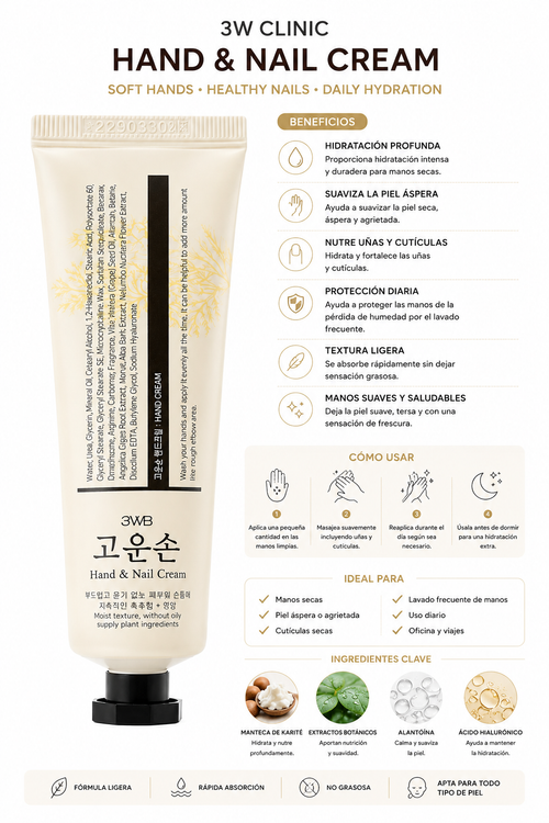 3W Clinic Hand & Nail Cream | Nourishing Moisture Care for Dry Hands & Nails | 100ml