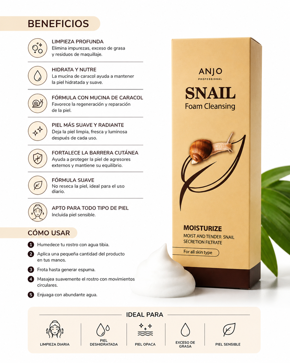 ANJO Professional Snail Foam Cleansing | Hydrating Snail Mucin Facial Cleanser | All Skin Types