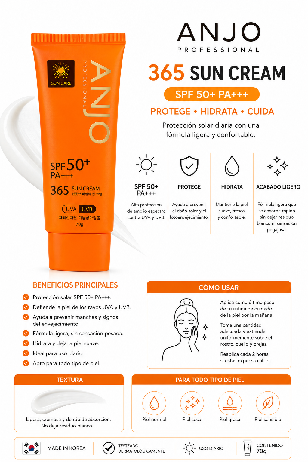 ANJO Professional 365 Sun Cream SPF 50+ PA+++ | Daily Korean Sunscreen | 70g