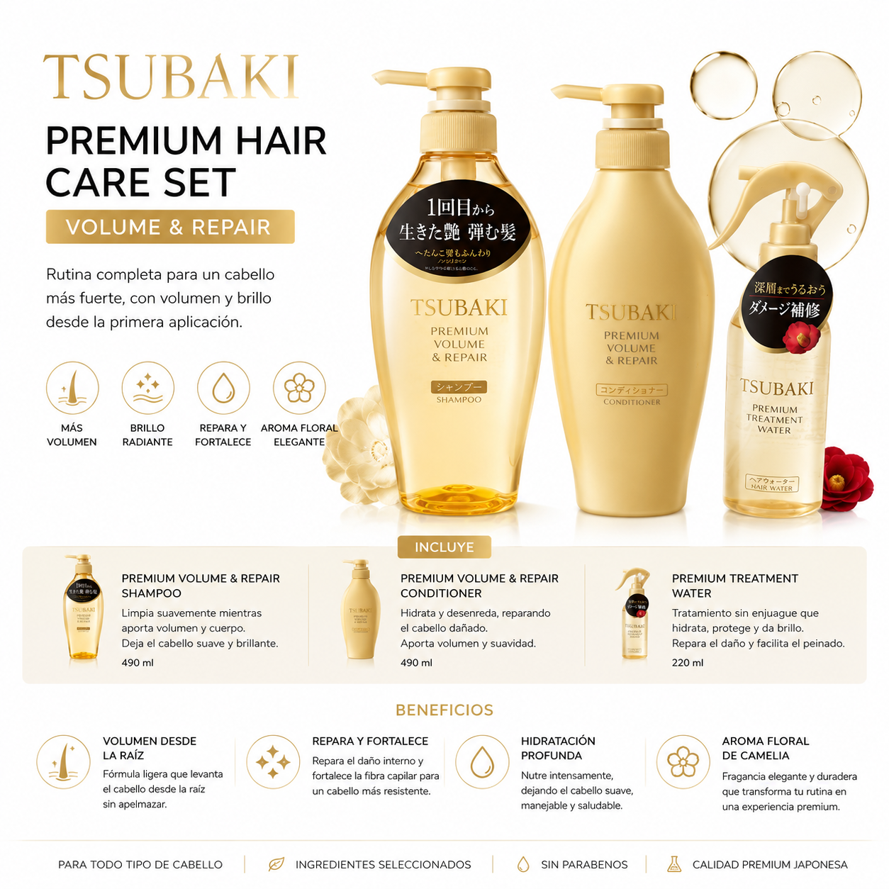 TSUBAKI Premium Volume & Repair Hair Care Set | Shampoo + Conditioner + Treatment Water