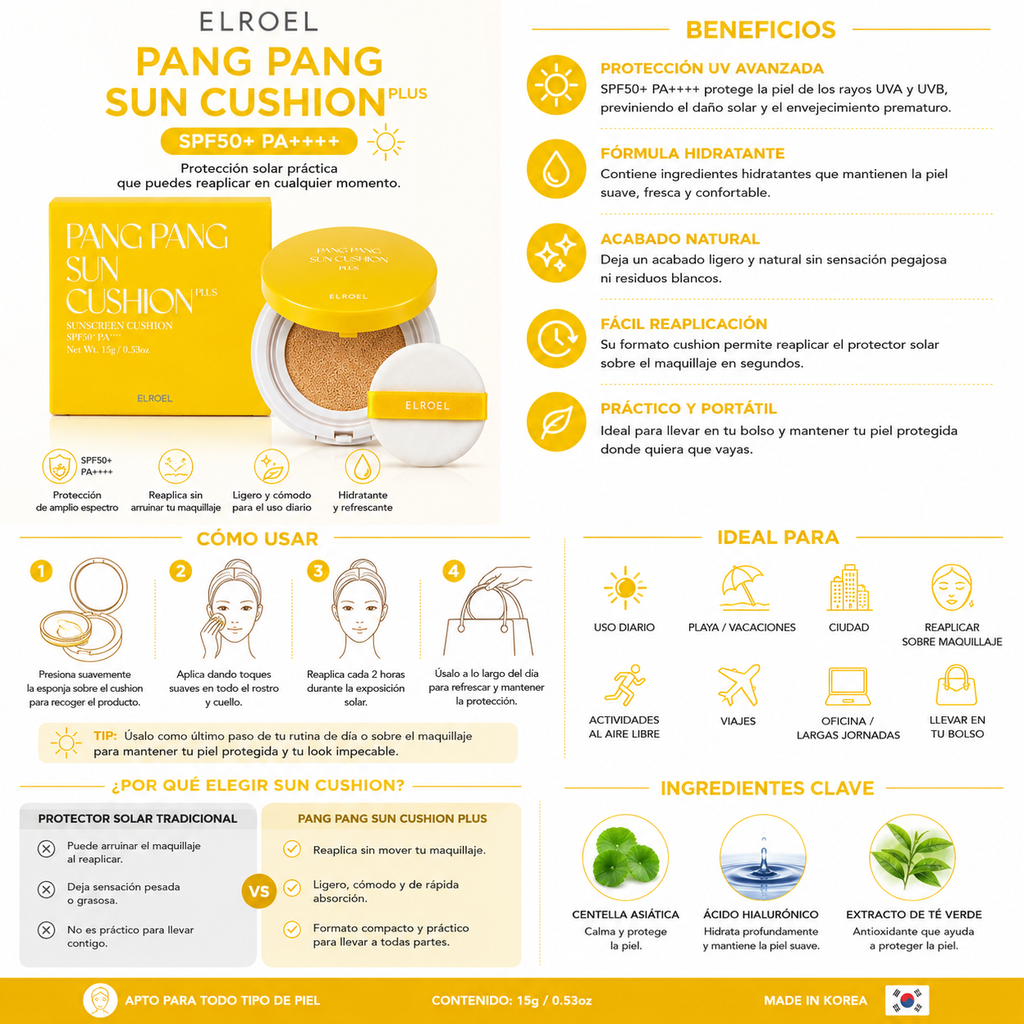ELROEL Pang Pang Sun Cushion Plus SPF50+ PA++++ | Korean Sunscreen Cushion 15g