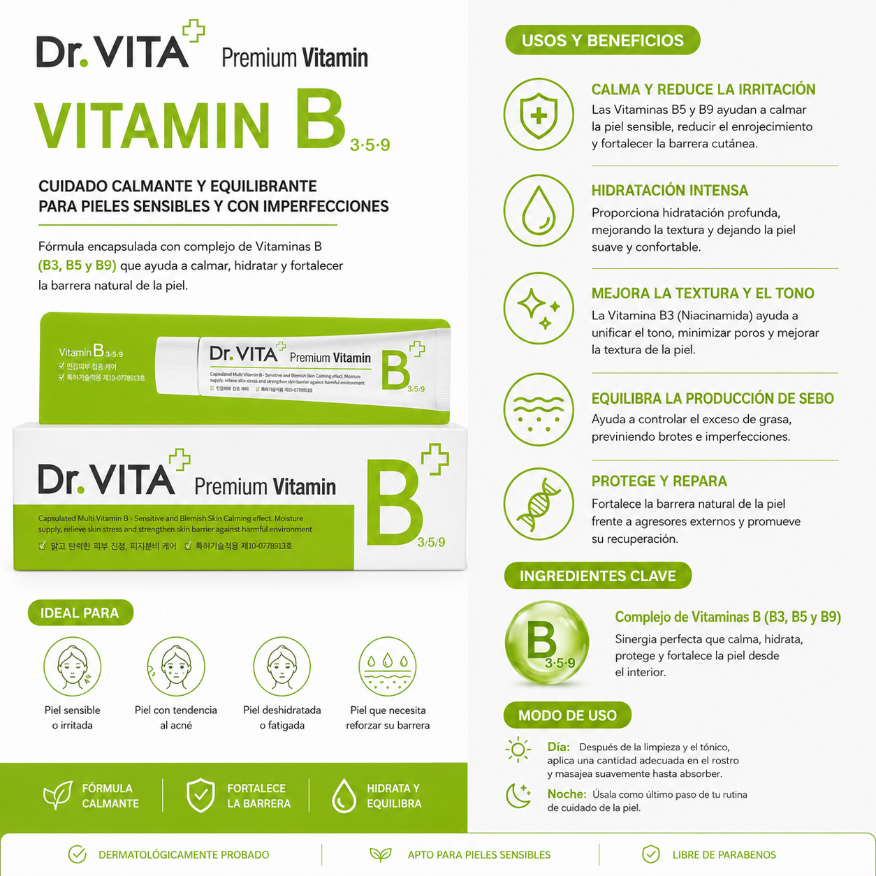 Dr. VITA B+ Crema de Vitamina B Premium – Crema Calmante e Hidratante (Vitamina B para piel sensible, irritada o con imperfecciones)