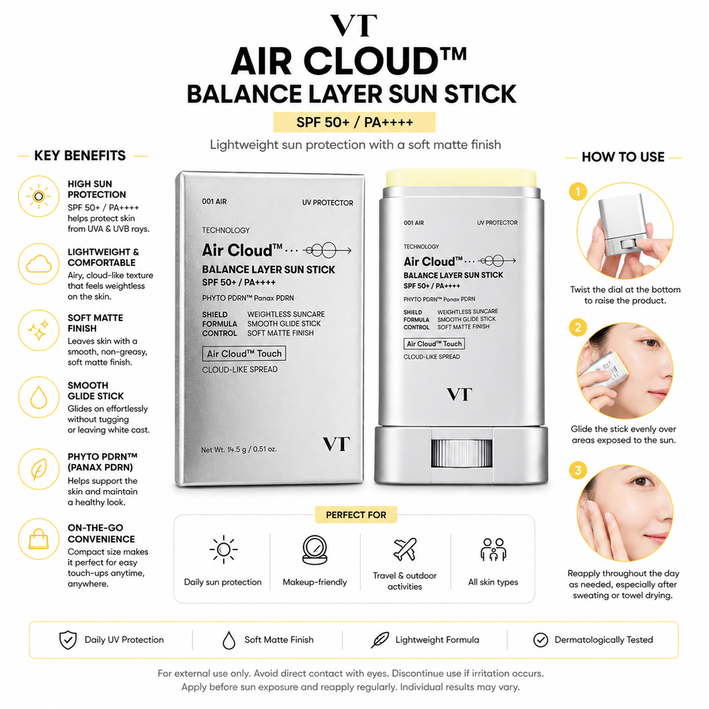 VT Air Cloud Balance Layer Sun Stick SPF50+ PA++++ | Lightweight Matte Sunscreen Stick | 14.5g