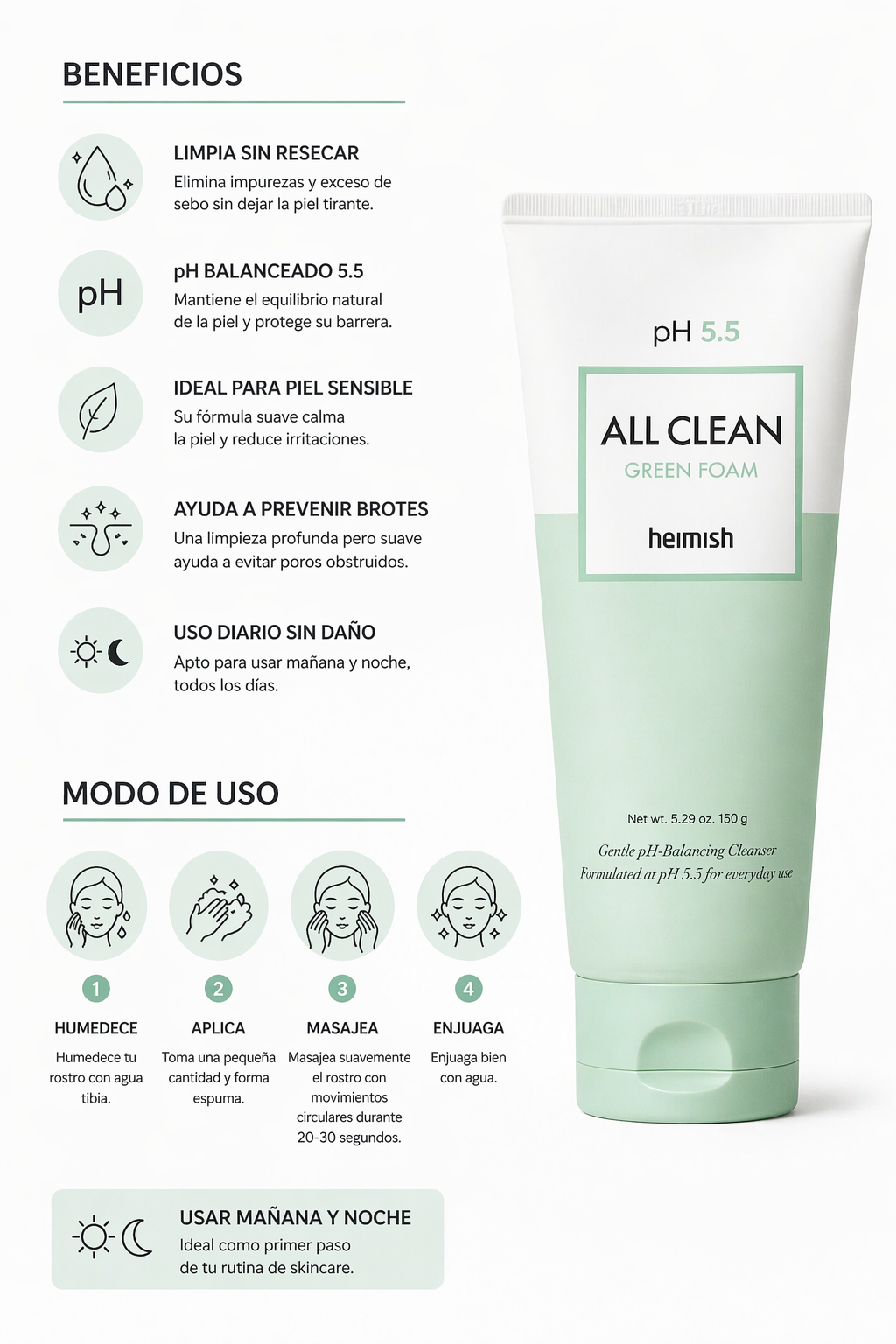 Gentle Facial Cleanser pH 5.5 | Non-Drying Korean Foam – Heimish All Clean Green Foam