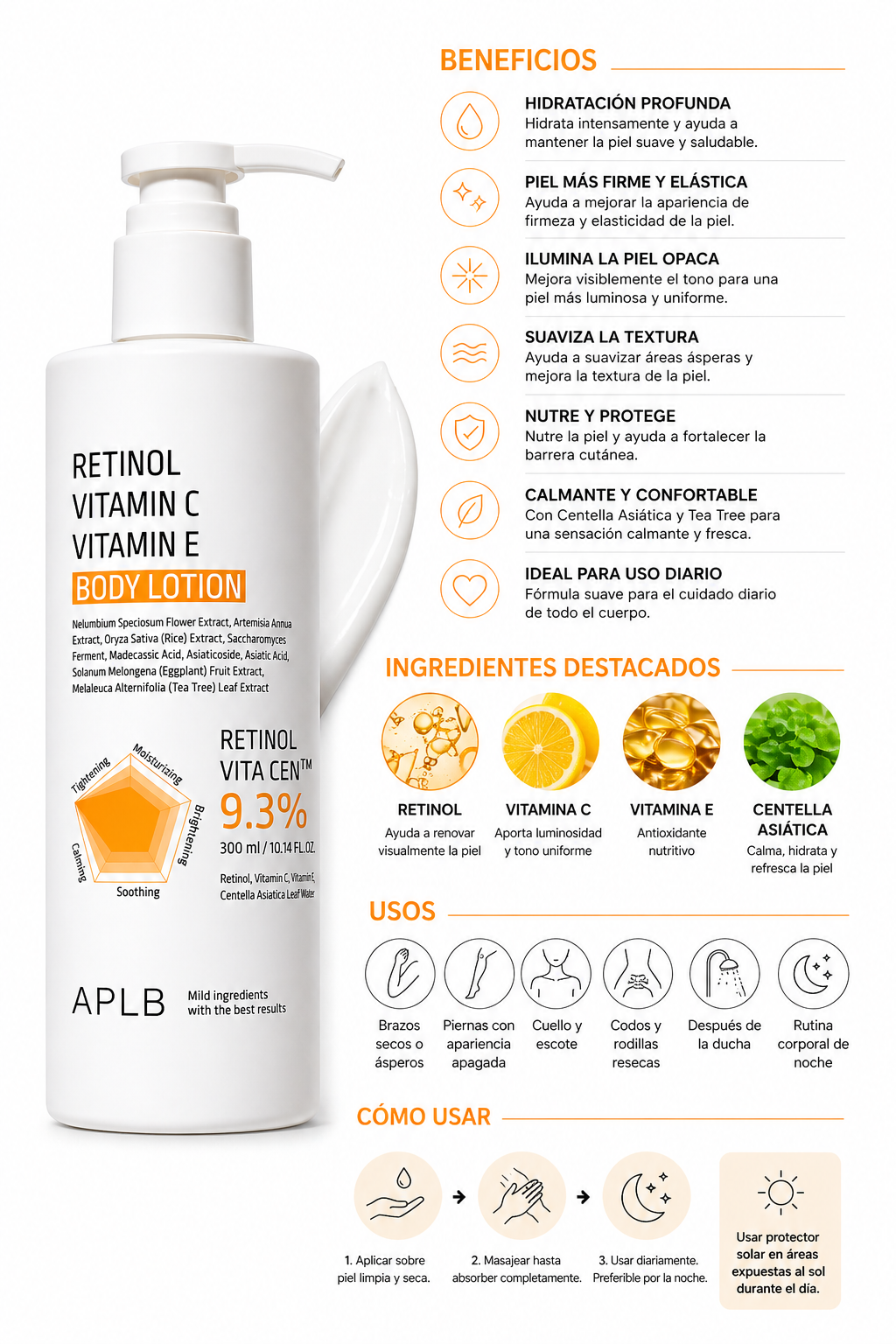 APLB Retinol Vitamin C Vitamin E Body Lotion 300ml | Brightening & Firming Korean Body Lotion