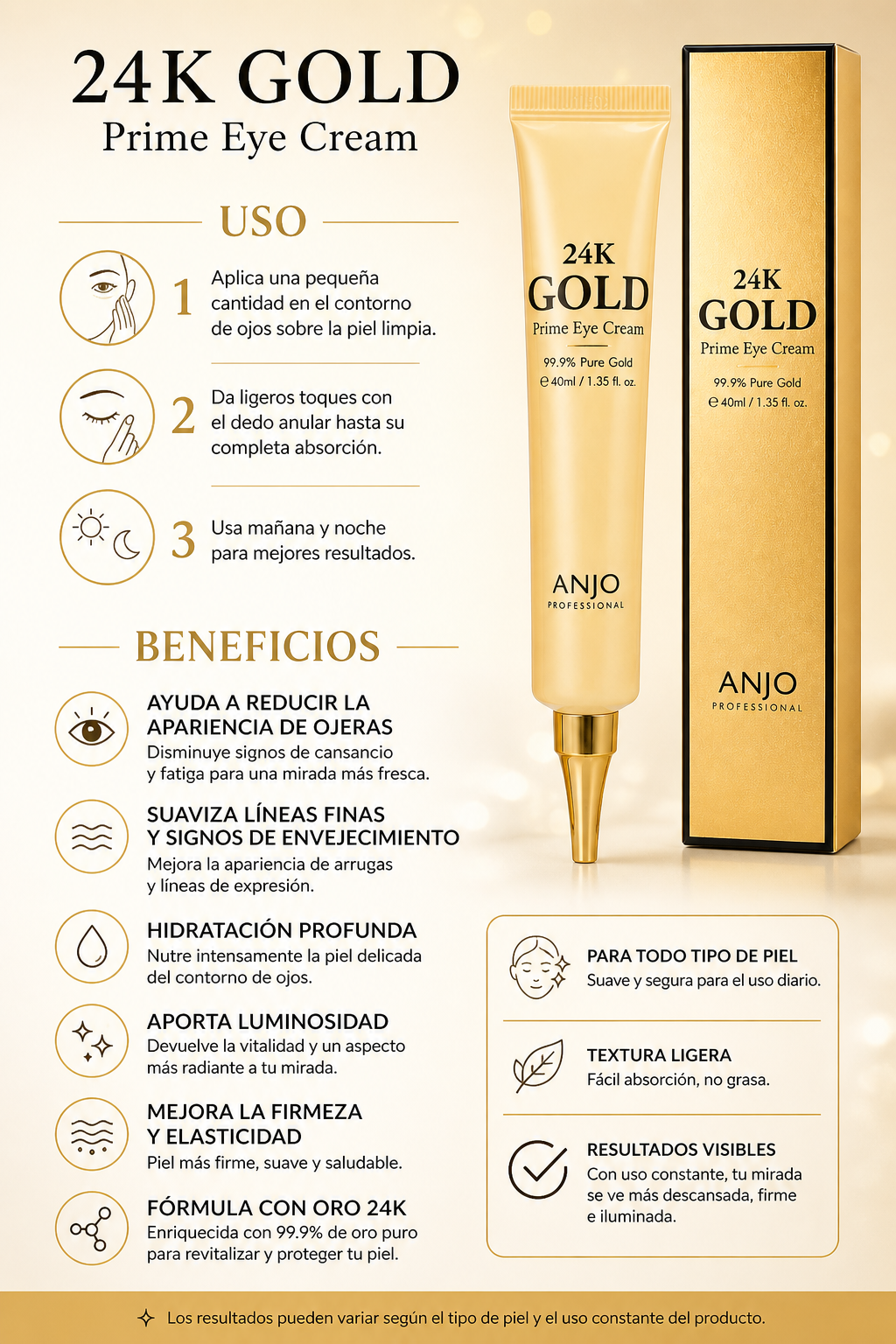 ANJO 24K Gold Prime Eye Cream – Hydration & Anti-Aging for Dark Circles and Fine Lines (40ml)