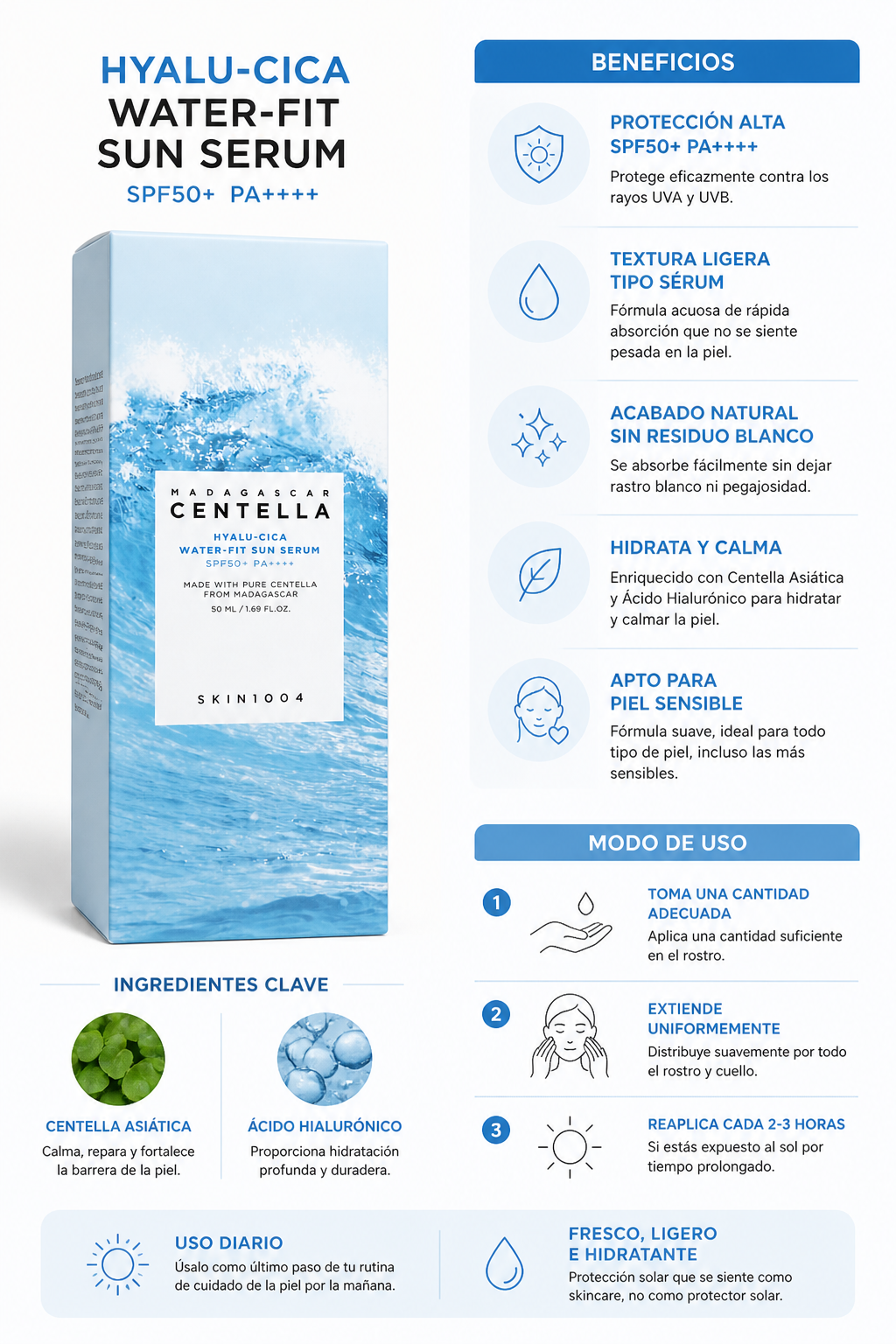 Madagascar Centella Hyalu-Cica Water-Fit Sun Serum SPF50+ Korean Sunscreen - Korean Sunscreen