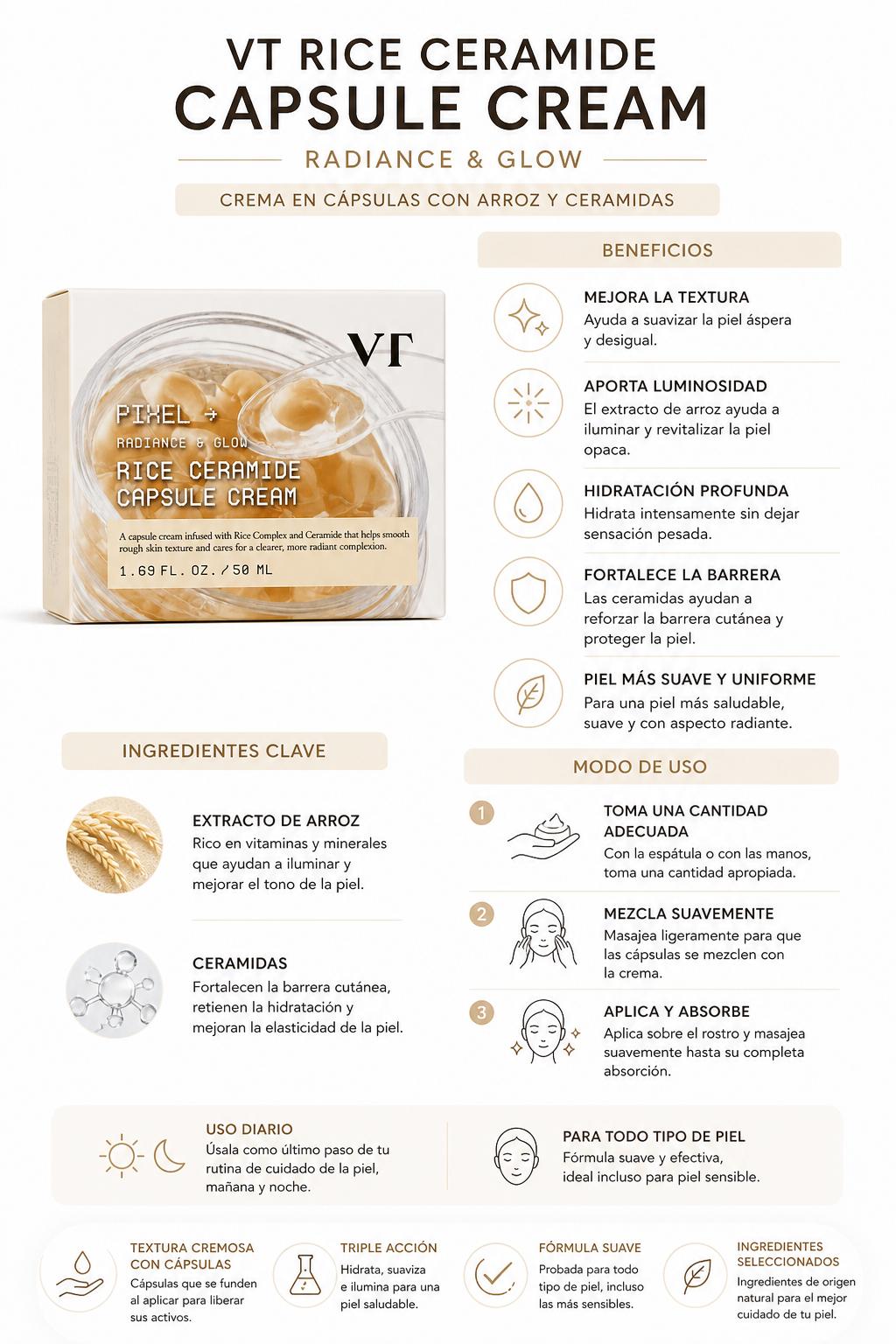 VT Rice Ceramide Capsule Cream – Brightening & Barrier Repair Moisturizer (50ml)