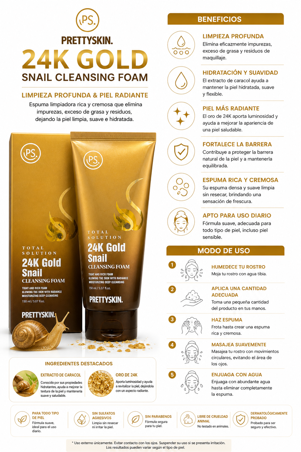 Pretty Skin 24K Gold Snail Cleansing Foam – Hydrating Deep Cleanser (150ml)