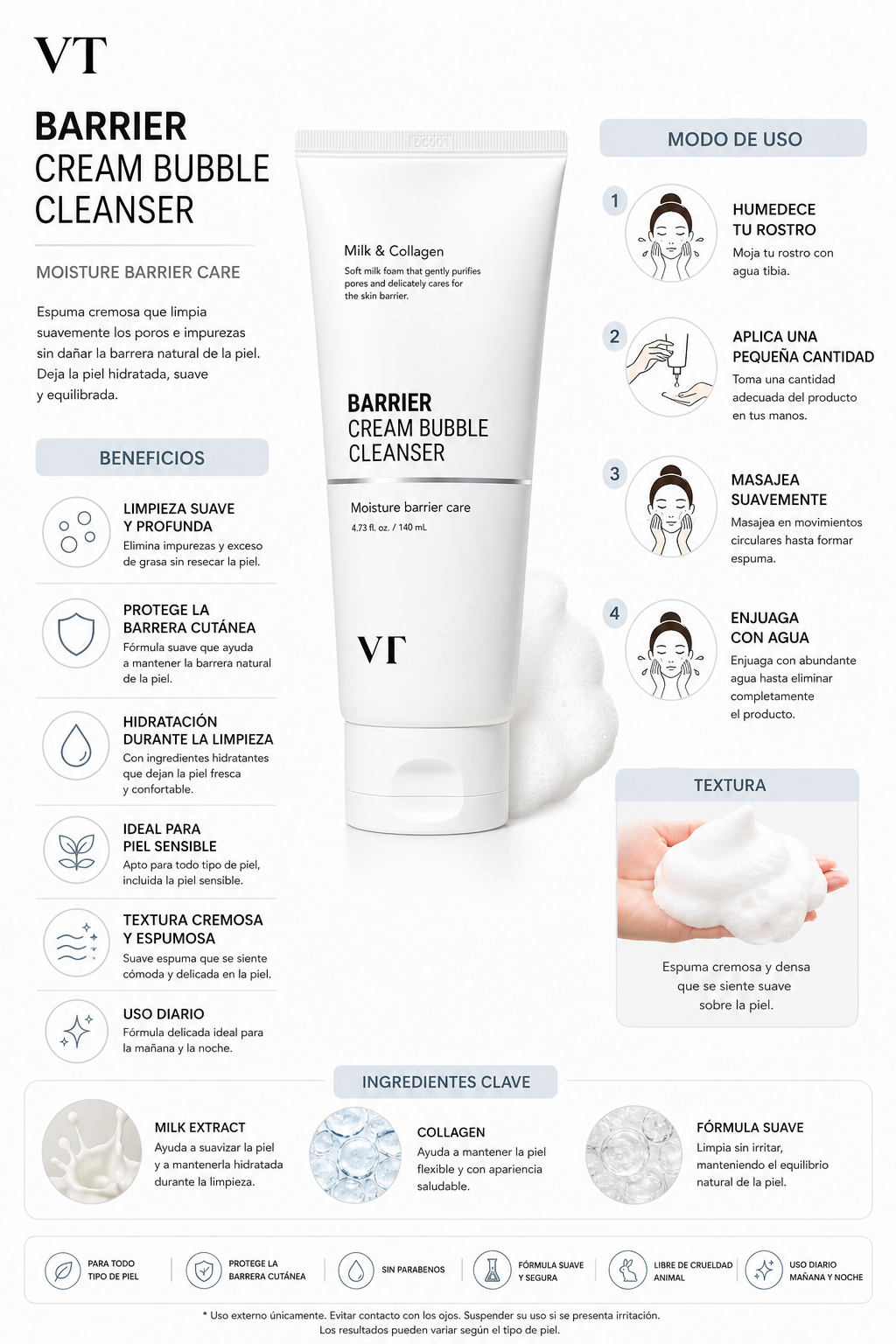 VT Barrier Cream Bubble Cleanser – Gentle Hydrating Face Wash (140ml)