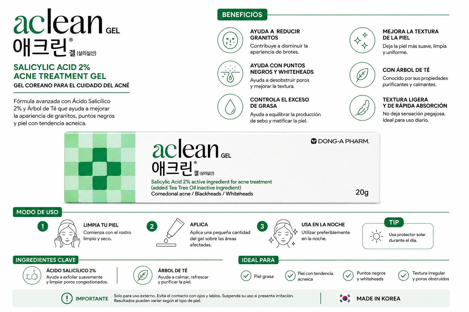 Aclean Gel Salicylic Acid Acne Treatment | Korean Gel for Acne and Blackheads